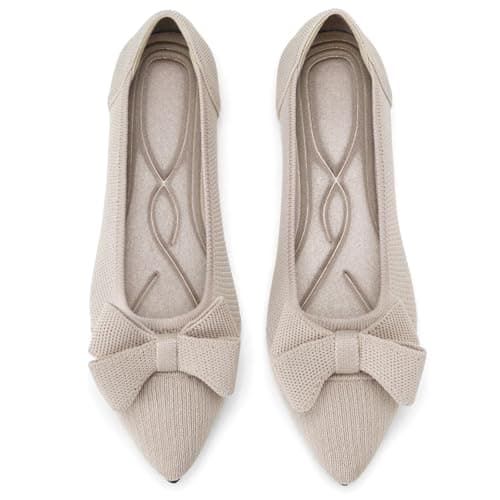 AHZEHRSE Ballet Flats Shoes for Womens Dress Shoes Comfortable Flats Shoes Pointed Toe Soft Casual Work Classic Dressy Wedding Shoes Knit Flats with Bow Beige - Image 1