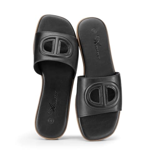 Athlefit Black Flat Sandals for Women Square Open Toe Comfortable Slip On Summer Beach Slide Sandals Size 9.5 - Image 1
