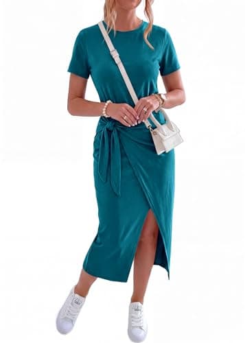 NOLLSOM Women Casual Sleeveless Striped Tank Midi Dresses Halter Neck Ruched Bodycon Dresses Tie Waist T Shirt Summer Dress(Tie Lake Blue,X-Large) - Thumbnail 5