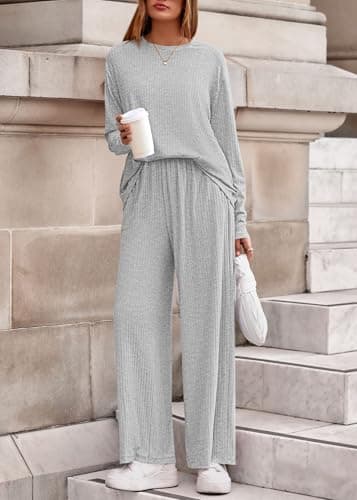 KIRUNDO Spring 2 Piece Lounge Sets for Women Long Sleeve Ribbed Knit Tops Wide Leg Pants Matching Travel Outfits Postpartum(Light Grey, Medium) - Thumbnail 4