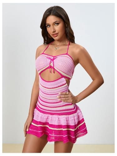 MakeMeChic Women's Summer Crochet Dresses Casual Striped Halter Cut Out Tie Backless A Line Ruffle Mini Dress Pink and White X-Small - Thumbnail 3