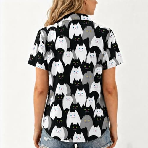 Chicwave Women's Short Sleeve Button Down Shirt, Collared V Neck Cat Print Blouse, Lightweight Casual Novelty Top for Weekend, Vacation, Travel, Summer, White - Thumbnail 3
