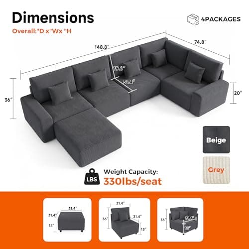 Luxury Oversized Corduroy Modular Couch, Comfy U-Shaped Cloud Sectional Sofa with Deep Seats, Moveable Ottomans, Modern Minimalist Sleeper Sofa for Living Rooms (6-Seater U Shaped, Grey) - Thumbnail 2
