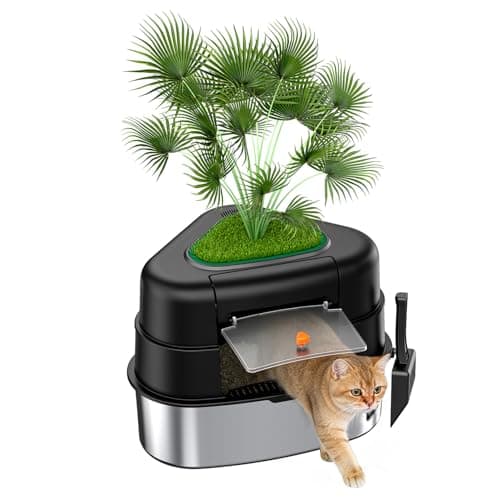 Hidden Plant Cat Litter Box Enclosure with Artificial Plant, Decorative Planter, Vented Carbon Filter for Odor Control, Easy-to-Clean Stainless Steel Corner Enclosure for Living Room/Bedroom, Black