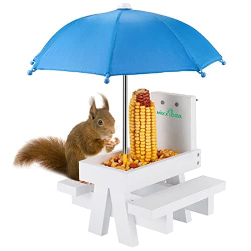 MIXXIDEA Squirrel Feeder Table with Umbrella, Wooden Squirrel Picnic Table Feeder, Durable Squirrel Feeder Corn Cob Holder, with Solid Structure and 2 x Thick Benches(White&Blue) - Image 1