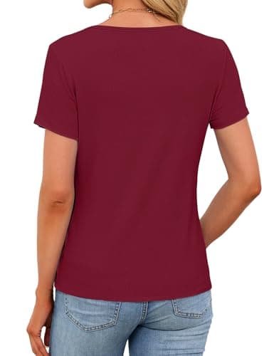 Womens Short Sleeve Tops Stretchy Henley Scoop Neck Fitted Casual Basic Top T-Shirts Ribbed Button Blouses 2026 Summer Trendy Red S - Thumbnail 5