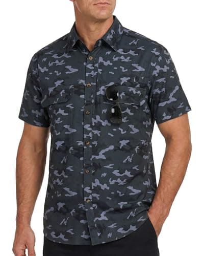 Cozople Men Sun Protection Fishing Shirts Black Camouflage Short Sleeve Button Down UPF 50+ Breathable Outdoor Hiking Shirt for Travel Safari Climbing M - Image 1