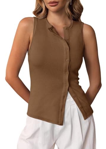 Cicy Bell Womens Button Down Tank Tops Summer Sleeveless Vest Tops Trendy Ribbed Fitted Going Out Shirts Coffee - Image 1