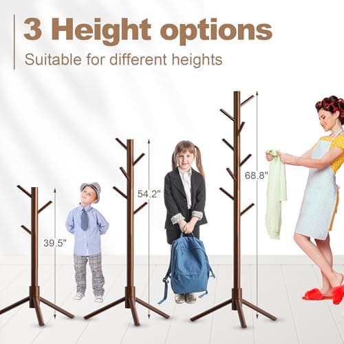 Aliphon Wooden Coat Rack Stand, Freestanding Coat Rack with 8 Hooks, 3 Adjustable Size Coat Tree for Hats, Coats, Scarves bags, Coat Hanger Stand Used in Bedroom/Office/Entryway （Brown） - Thumbnail 4