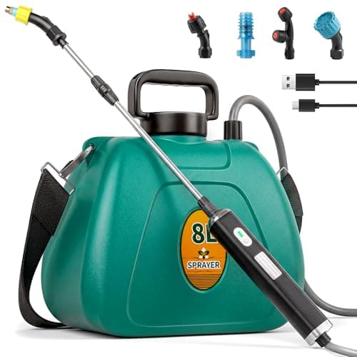 Battery Powered Garden Sprayer 2 Gallon, 7.4V High Pressure Rechargeable Weed Sprayer with 3 Pressure Mode, 5 Spray Nozzles, Telescopic Wand, Battery Indicator, Adjustable Strap for Lawn Garden, Green - Image 1