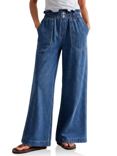 Flowyair Womens Ruffle Wide Leg Jean High Waisted Baggy Pleated Denim Pants - Image 1