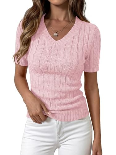 PRETTYGARDEN Womens Summer Short Sleeve Sweater Cable Knit V Neck Sweaters Shirts Fitted Work Tops Business Casual Outfits(Pink,XX-Large) - Image 1
