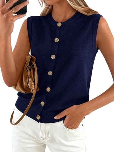 BTFBM Sweater Vest Women Casual Crewneck Loose Button Down Knit Sleeveless Cardigan 2026 Spring Clothes Summer Vest Tops(Navy Blue, XX-Large) - Image 1