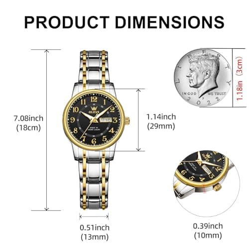 OLEVS Watch Women Luxury Stainless Steel Waterproof Small Wrist Black Face Simple Analog Quartz Watches for Women Easy to Read Gold and Silver Two Tone Arabic Numerals Ladies Watches - Thumbnail 4