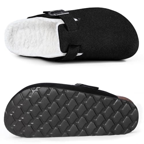 KIDMI Women's Fur Lined Suede Clogs Fuzzy Cork Footbed Mules Slip On Winter Potato Shoes, Black 37 (Size 6-6.5) - Thumbnail 3