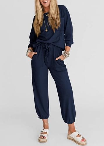 KIRUNDO Lounge Sets for Women 2026 Fall Airport Travel Outfits Ribbed Knit Tops Jogger Pants Tracksuit Postpartum Comfy Set(Navy, X-Small) - Thumbnail 4