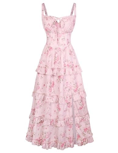 Women's Floral Corset Dress 2026 Summer Spring Wedding Guest Dresses Flowy Sundress with Pockets Pink Floral L - Image 1
