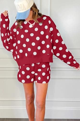 KevaMolly Women Polka Dot Drop Shoulder 2 Piece Lounge Set Racing Red S - Thumbnail 4
