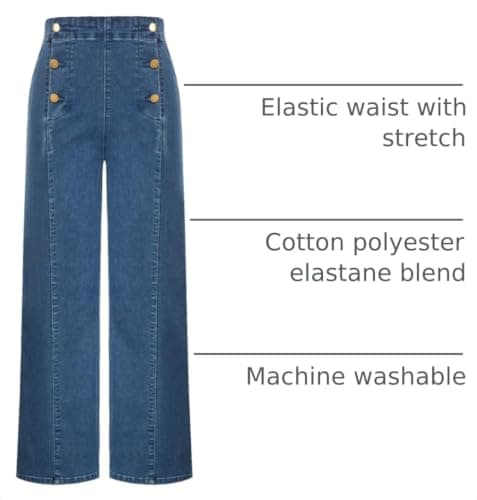 Belle Poque Stretchy Waist Wide Leg Jean for Women Dressy Blue Button Down Work Casual Denim Pants Size 12 Size 14 - Thumbnail 4