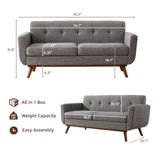 Kingfun 65.2" W Loveseat Sofa, Mid Century Modern Decor Love Seat Couches for Living Room, Button Tufted Upholstered Furniture, Solid & Easy to Install Small Couch for Bedroom Office Apartment, Grey - Thumbnail 2