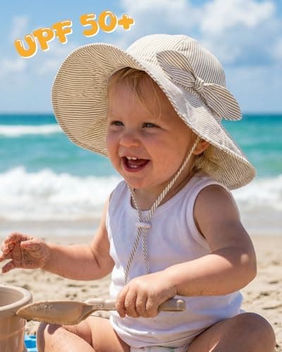 HONGTEYA Baby Sun Hat Cotton Stripe Bow Wide Brim Toddler Beach Bucket Hat - Thumbnail 2