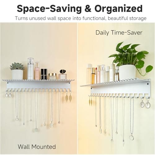 Conwithna Necklace Jewelry Holder Wall Hanging Organizer Hangers Storage Mounted Shelf with 56 Hooks Tray Display Girls Women Metal Door Earring Mount Key Chains Rack White - Thumbnail 3