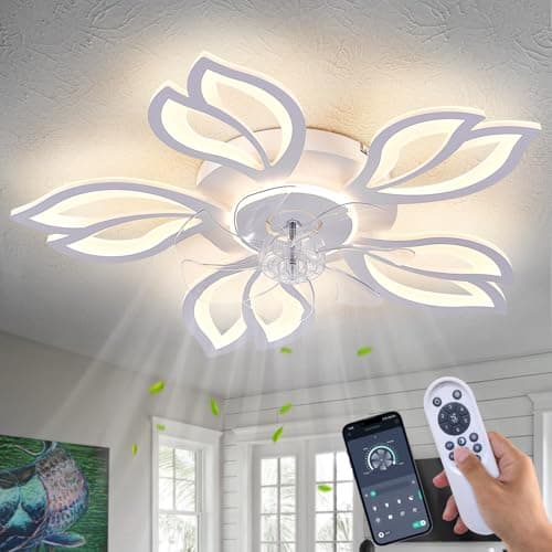 Dalouguan Ceiling Fan with Lights Remote Control, 26" White Low Profile Ceiling Fan with Light, Modern Leaf Geometric Flush Mount Ceiling Fan for Kitchen Bedroom