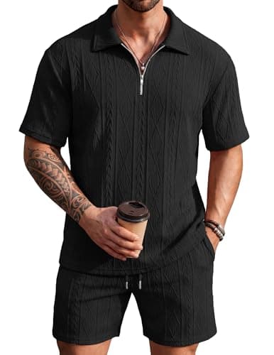 COOFANDY Men's 2 Piece Set Summer Beach Vacation Outfits Quarter Zip Polo Shirt and Shorts Sets Black Medium - Image 1