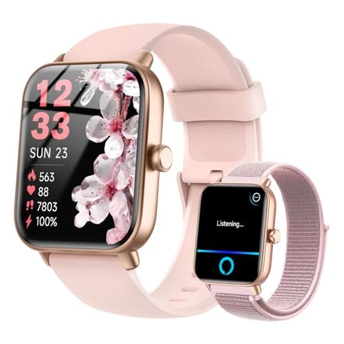 Quican Smart Watches for Women, 1.8 Inches Fitness Tracker with Alexa Built-in & Bluetooth Calling, Compatible with Android iPhone, Waterproof, Heart Rate Sleep Monitor, Includes 2 Bands - Light Pink