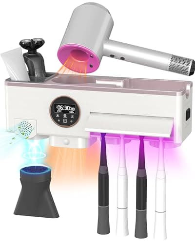 Toothbrush Cleaner and Holder for Bathrooms Wall Mounted with Fan Drying&30min Timing Function Cruise Air Drying,Electric Toothbrush Holder with 4Toothbrush Slots,Toothpaste Dispenser with Led Smart - Image 1