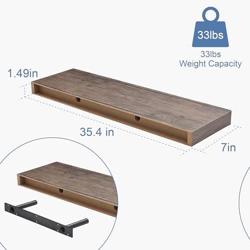 Mifurn Floating Shelves for Wall, Bathroom Shelves Over Toilet, Wall Shelves & Book Shelf for Room, Hanging Shelf, Modern Wooden Mounted Floating Shelves, 36x7x1.5 in (Smoke Gray, Set of 2) - Thumbnail 3