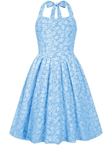 Juniors Dresses Size 7-8 Easter Spring Summer Beach Sundresses Cute Floral Sleeveless Tie Back Semi Formal Party Short Dresses Blue - Image 1