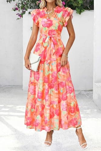 dowerme Women Summer Maxi Dresses 2026 Ruffle Sleeve V Neck Floral Boho Long Dress Belted Tiered Sundress with Pockets(Orange Red Big Floral,X-Large) - Thumbnail 2