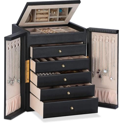 Dajasan Large Jewelry Organizer Box, 6-Tier Jewelry Storage Case with 5 Drawers, Jewelry Boxes for Women Girls with Mirror, Double Door, Textured PU Leather, Gift Idea, Stylish (Black + Gold) - Image 1