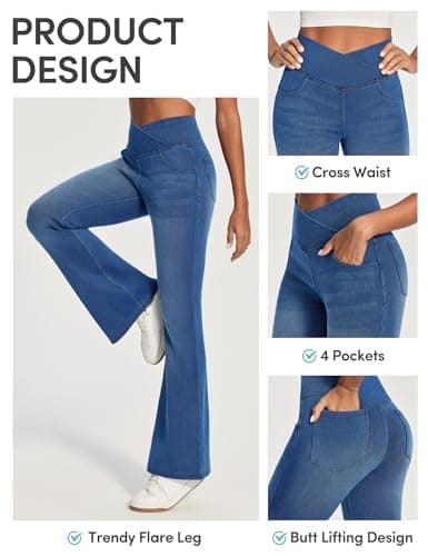 IUGA High Waisted Bell Bottom Jeans for Women Flare Stretchy Jeans Pull On Wide Leg Jean Woman V Cross Flare Leggings Pants(Whiskers Medium Wash, 31", Small) - Thumbnail 3