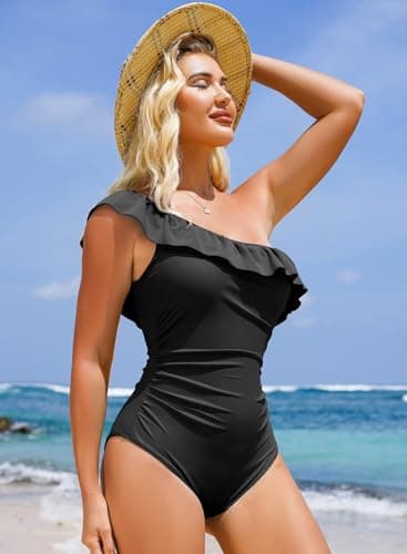 Dokotoo Ladies Cold Shoulder One-Piece Swimsuit One Shoulder 2026 Asymmetric Ruched Ruffle Sleeve Cute Monokinis Tummy Control Plus Size Swimwear,Black XX-Large - Thumbnail 4