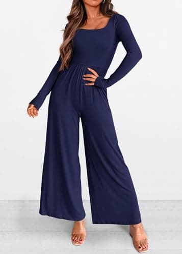 KIRUNDO Long Sleeve Jumpsuit for Women 2026 Spring Outfits Summer One Piece Square Neck Wide Leg Pants Romper With Pockets(Navy, X-Large) - Thumbnail 5