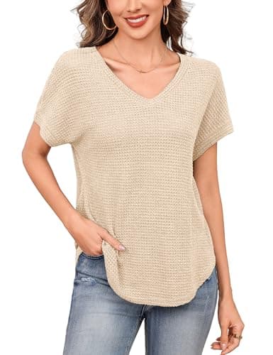 Totatuit Women's Waffle Knit V Neck T Shirts Short Sleeve Casual Summer Tops Loose Fit Curved Hem Blouses Lightweight Soft Basic Tees Travel Outfits Apricot - Image 1