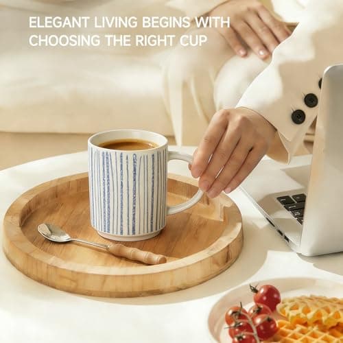 ALOFMO Ceramic Mugs Set of 6, Modern 17oz Coffee Mugs, Stackable Coffee Cups with Handpainted Blue Stripe Pattern, Dishwasher and Microwave Safe Mugs for Home & Office - Thumbnail 6