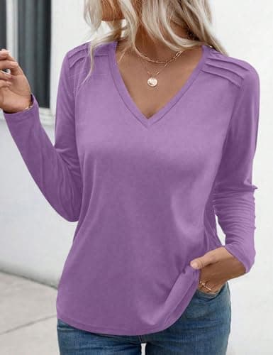 JUSTFASHIONNOW Pleated Long Sleeve Shirts for Women V Neck Dressy Casual Business Blouses Fall Tops 2025 Trendy(Purple,Large) - Thumbnail 3