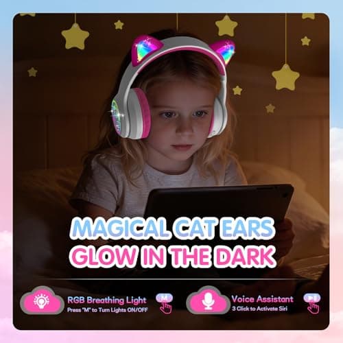 IFECCO Kids Wireless Headphones with Case,Cute LED Light Up Cat Ear Children Girls Bluetooth 6.0 Headphones Volume-limiting for School Travel Gifts - Thumbnail 4