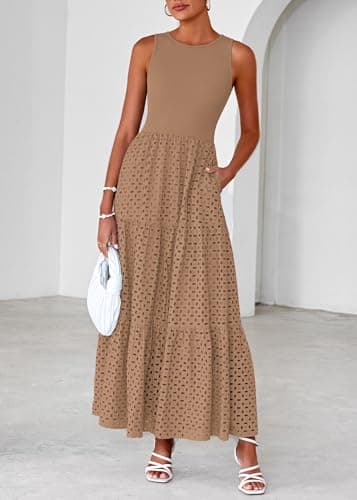 Lazysmile Womens Summer Dresses Crewneck Sleeveless A-Line Hollow Out Eyelet Tiered Tank Maxi Dress Sundress with Pockets Khaki - Thumbnail 3