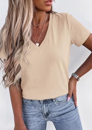 KIRUNDO V Neck T Shirts for Women Summer Tops Oversized Spring Short Sleeve Casual Basic Tees Tunic Blouse Fashion Clothing(Beige Apricot, Large) - Thumbnail 5