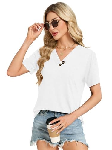 VUTRU Womens Tunic Tops V Neck Blouse Puff Short Sleeve Cute Summer Shirts Loose Flowy Work Casual Beach Travel Holiday, White L - Thumbnail 4