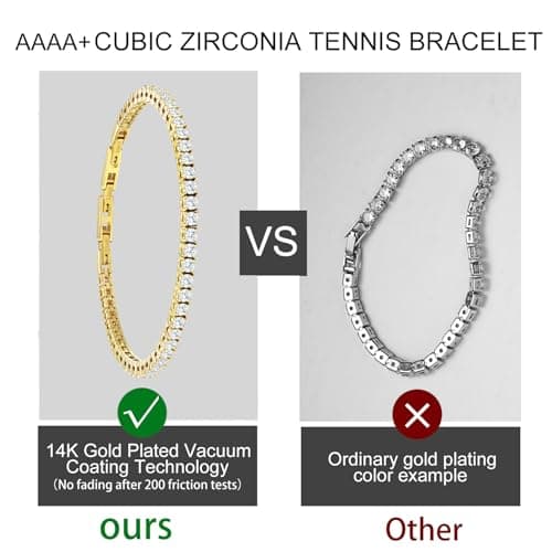 Tennis Bracelet for Women Men, 14K Gold Plated Round 3mm AAAA+ Cubic Zirconia CZ Dainty Classic Adjustable Stainless Steel Bracelets Festival Wedding Jewelry Gift (Gold, CZ 3mm) - Thumbnail 6