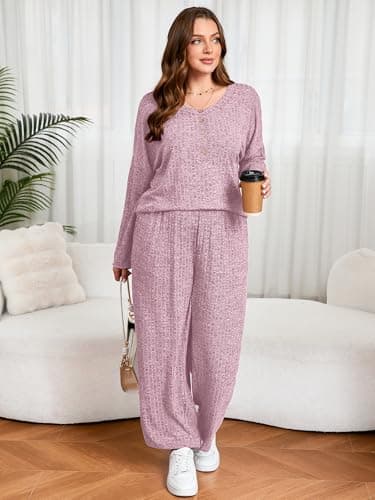 AusLook Plus Size 2 Piece Sets for Women Loose Wide Leg Pant Long Sleeve Top Matching Sets Pink 1X Tracksuit Loungewear 2025 Vacation Travel Airport Outfits Going Out Comfy Track Suits - Thumbnail 3