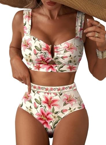 Herseas Women U Wire Curvy Bikini Sets High Waisted Slimming 2 Piece Swim Suits Full Coverage Removable Padded Long Torso Bathing Suit Cute Beach Vacation Clothes Pink Lily Medium - Image 1