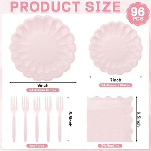 96 Pcs Pink Paper Plates and Napkins Party Supplies Serve 24 Guests Include Scalloped Dinner Plates 9.5", Dessert Plate 7.5", Napkins Plastic Forks for Baby Bridal Shower Wedding Mother's Day Birthday - Thumbnail 2