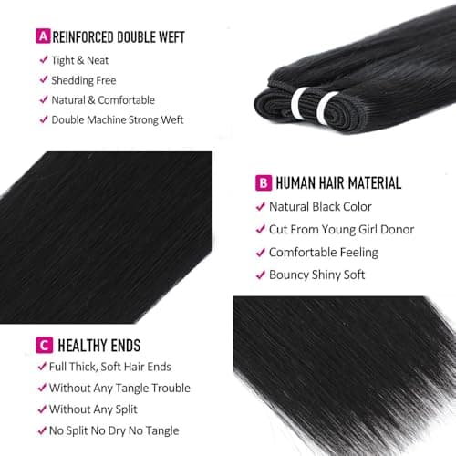 Human Hair Bundles Straight 4 Bundles with Closure 10A Unprocessed Human Hair Brazilian Virgin Hair Bundles 50g/Pcs Natural Black Hair Extensions(12"12"12"12"with 10"Closure) - Thumbnail 6