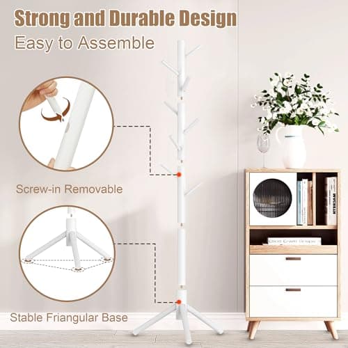 Aliphon Wooden Coat Rack Stand, Freestanding Coat Rack with 8 Hooks, 3 Adjustable Size Coat Tree for Hats, Coats, Scarves bags, Coat Hanger Stand Used in Bedroom/Office/Entryway （White） - Thumbnail 5
